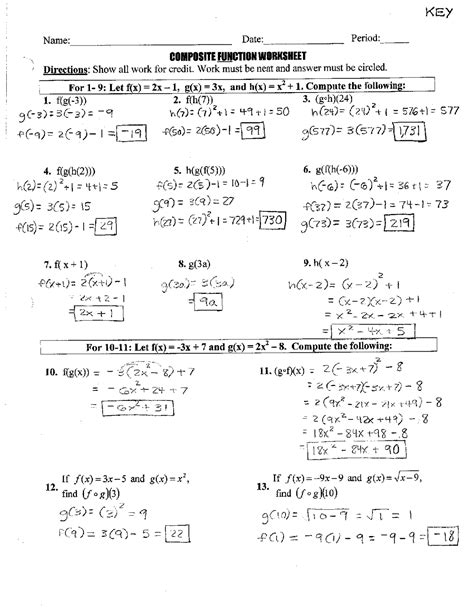 composite and inverse functions worksheet with answers